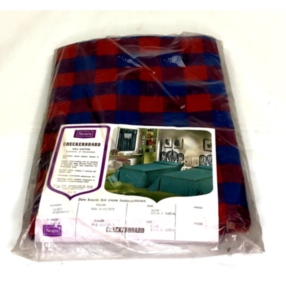 Sears Checkerboard Bedspread Blanket 14067 Blue Red Vintage 80's New 63" x 108"